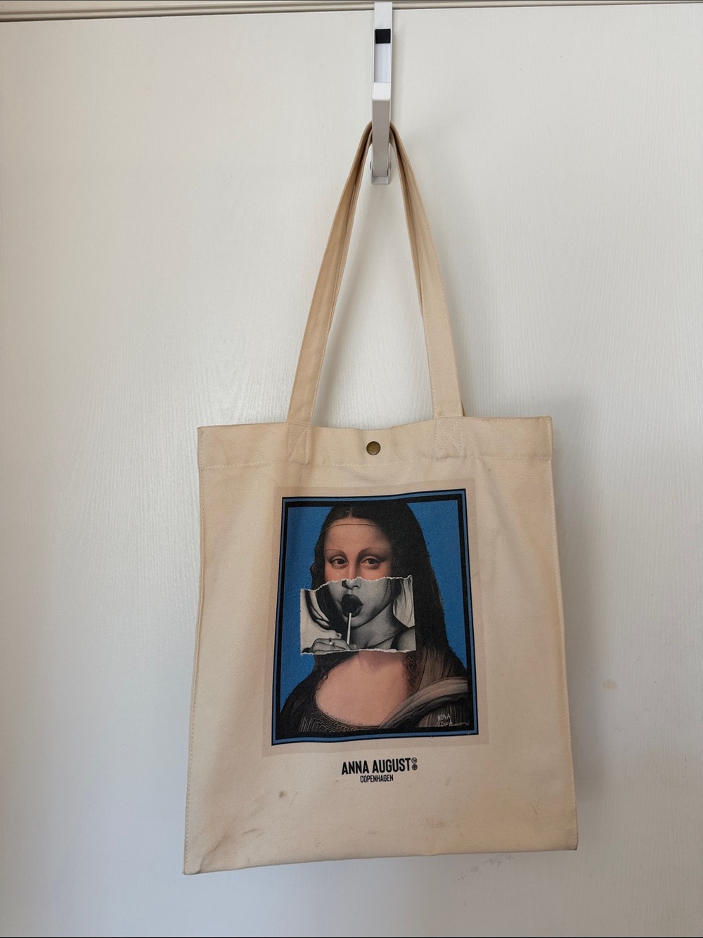 Joanna August Beige Tote with Bold Blue Framed Art